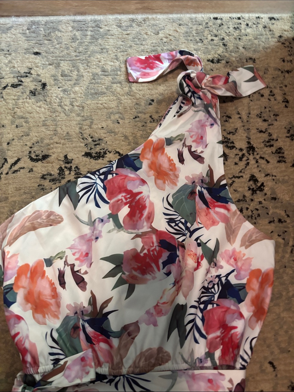 Cupshe One-Shoulder Floral Romper in White with Pink, Orange and Green - Picture 4 of 6